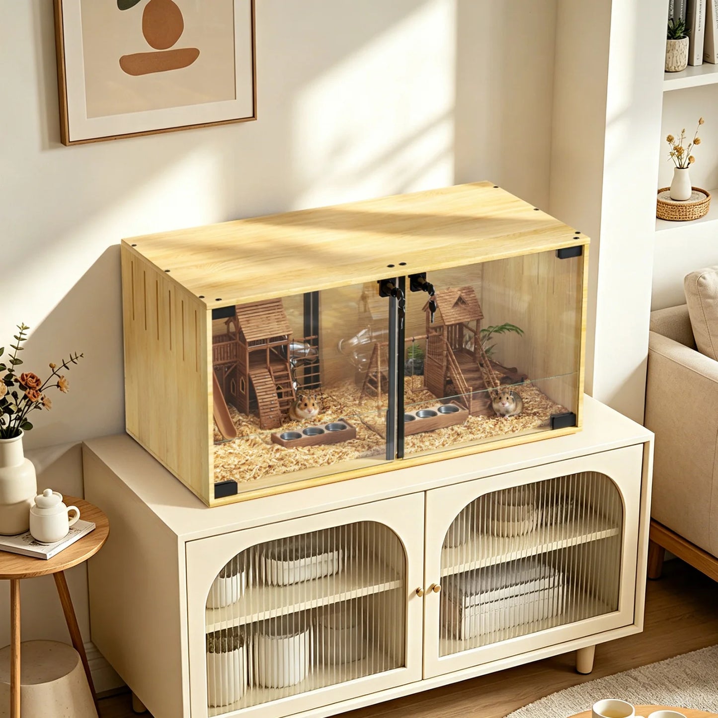 Wooden Small Animal Cage With Tempered Glass And Removable Divider