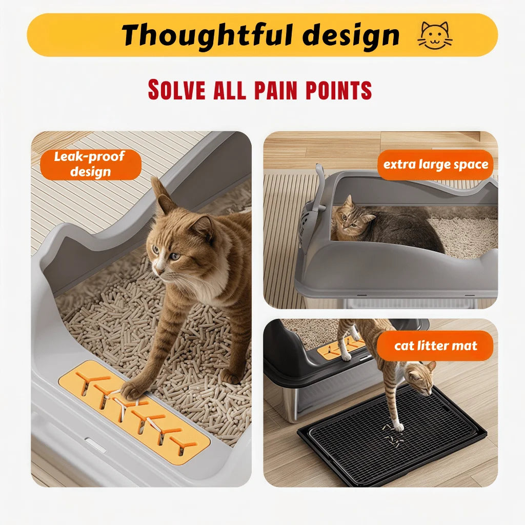 XMSJ Stainless Steel Cat Litter Box With Privacy And Mat