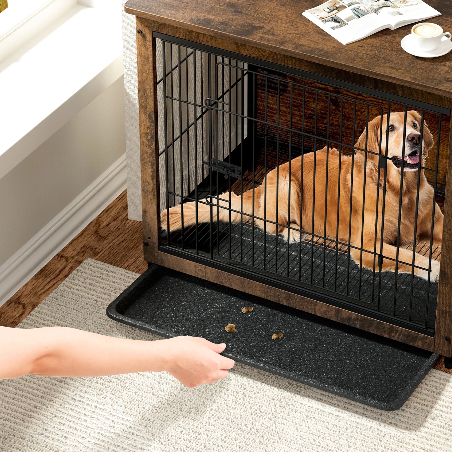 Wooden Dog Crate End Table With Double Doors Indoor Use