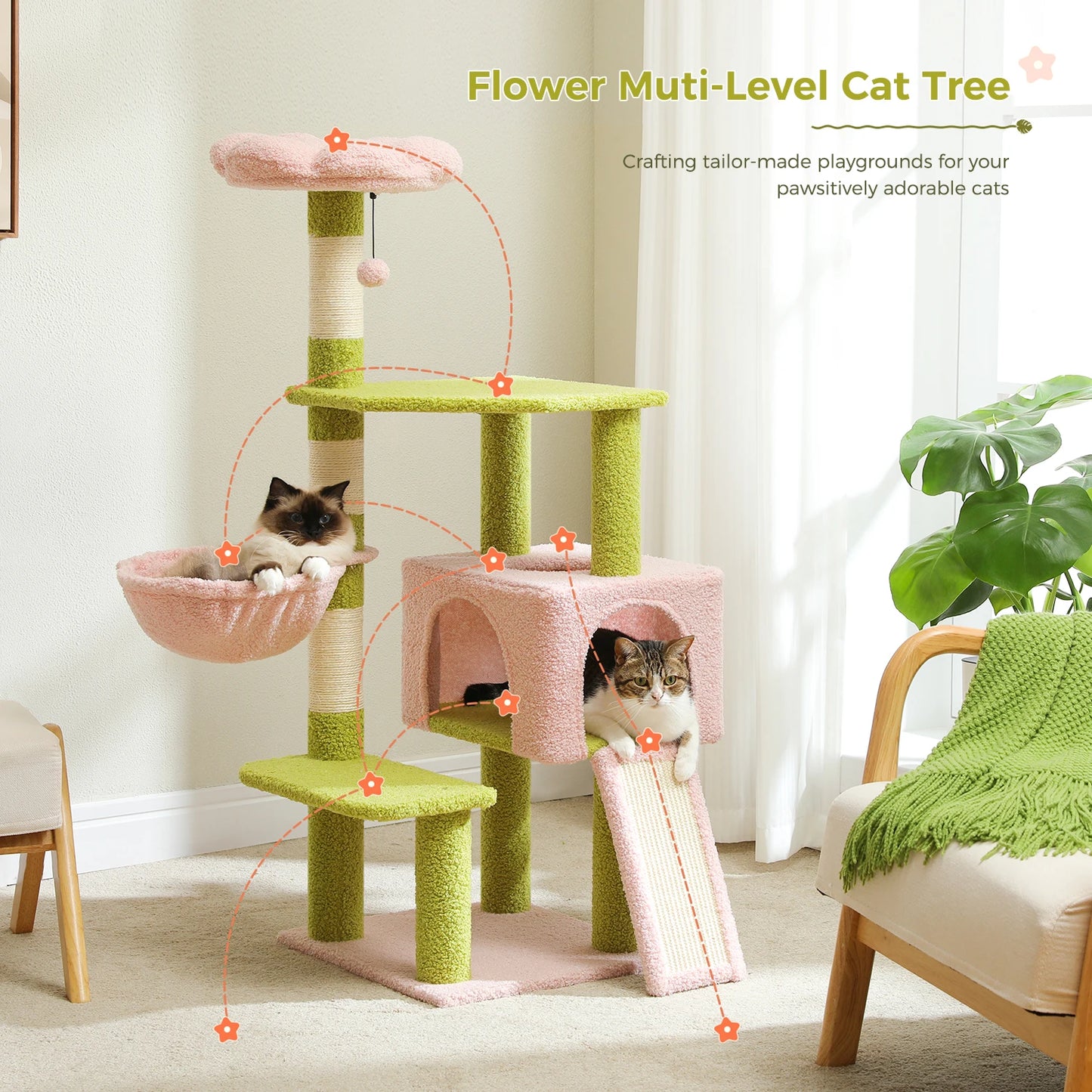 PEQULTI Flower Cat Tree Multi Level Cat Tower With Hammock