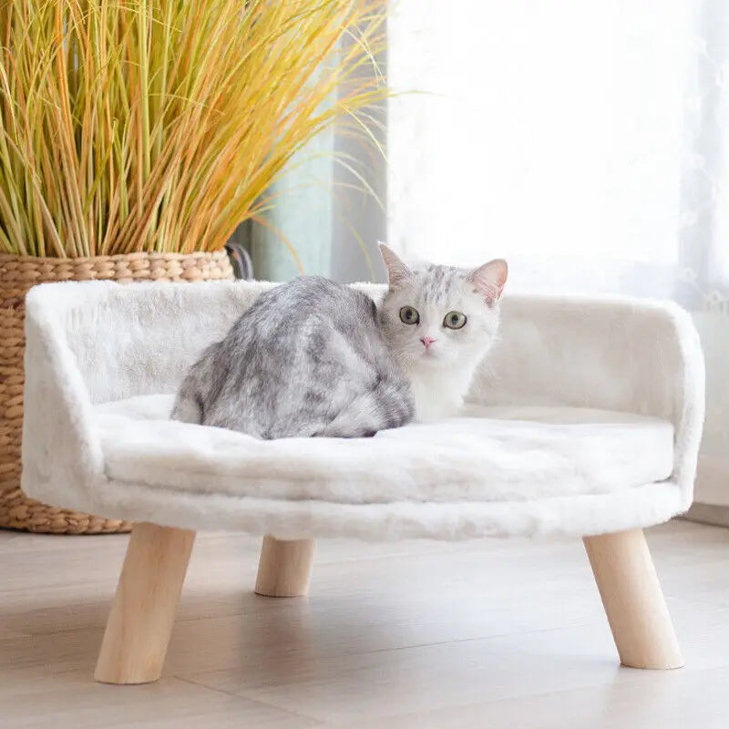 Soft Plush Cat Bed With Wooden Legs And Washable Cushion