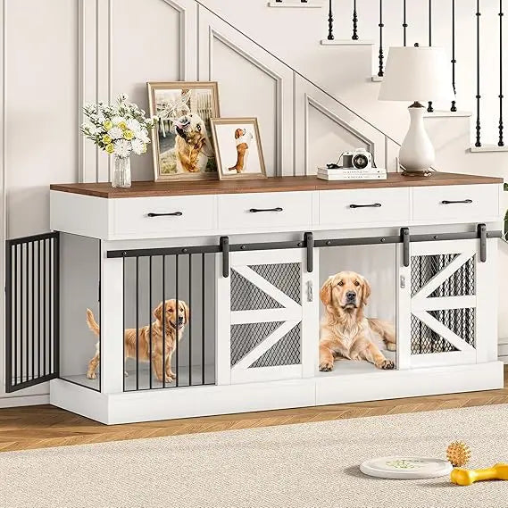 Dual Canine Jumbo Wooden Crate Furniture With Drawer Storage