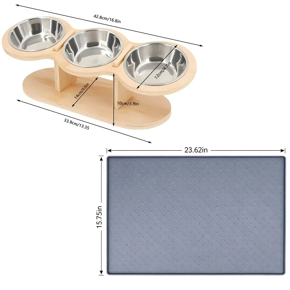 Elevated Cat Feeder With 3 Stainless Steel Bowls Wood Stand