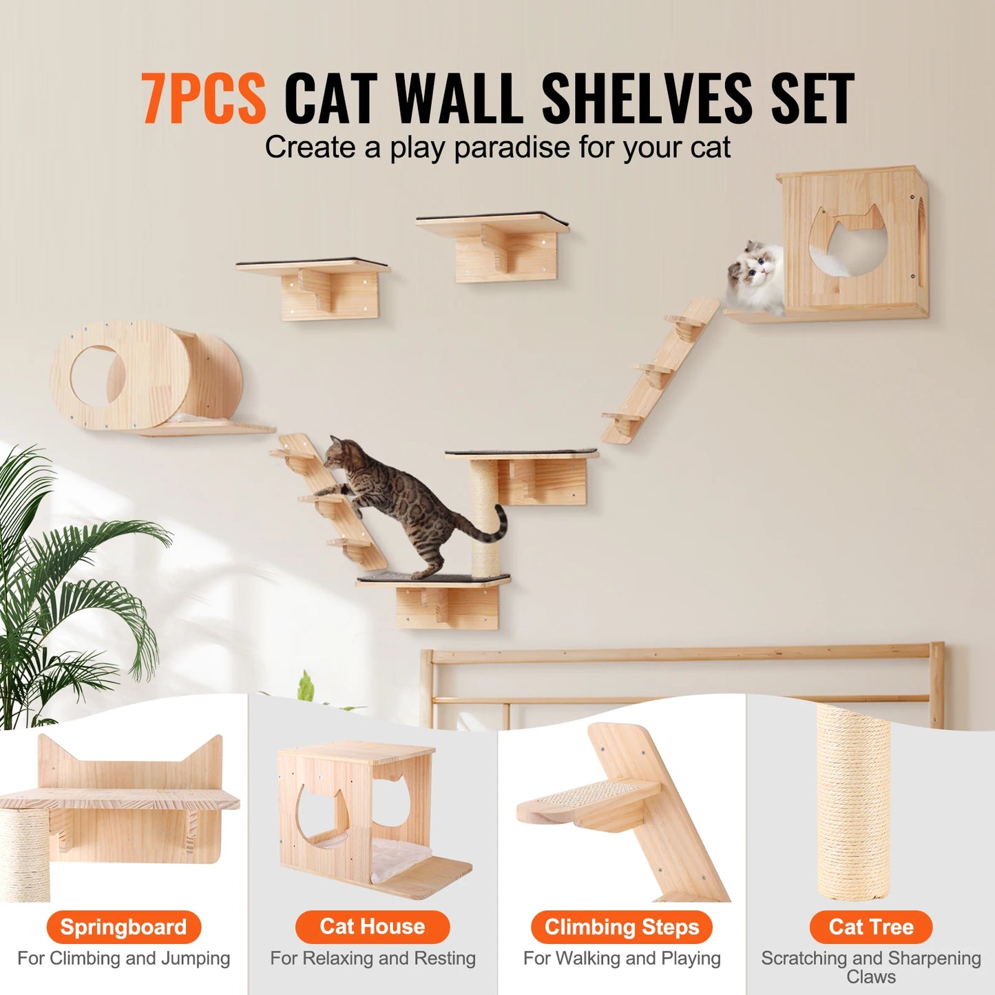 SucceBuy Wall Mounted Pine Wood Cat Tree With Hammock