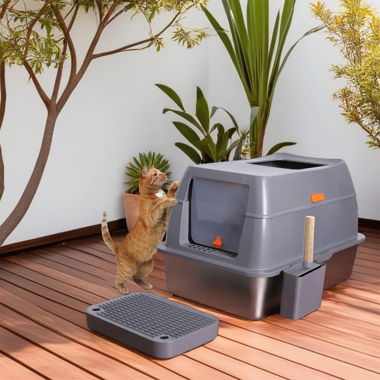 Enclosed Stainless Steel Cat Litter Box With Lid Odor Control