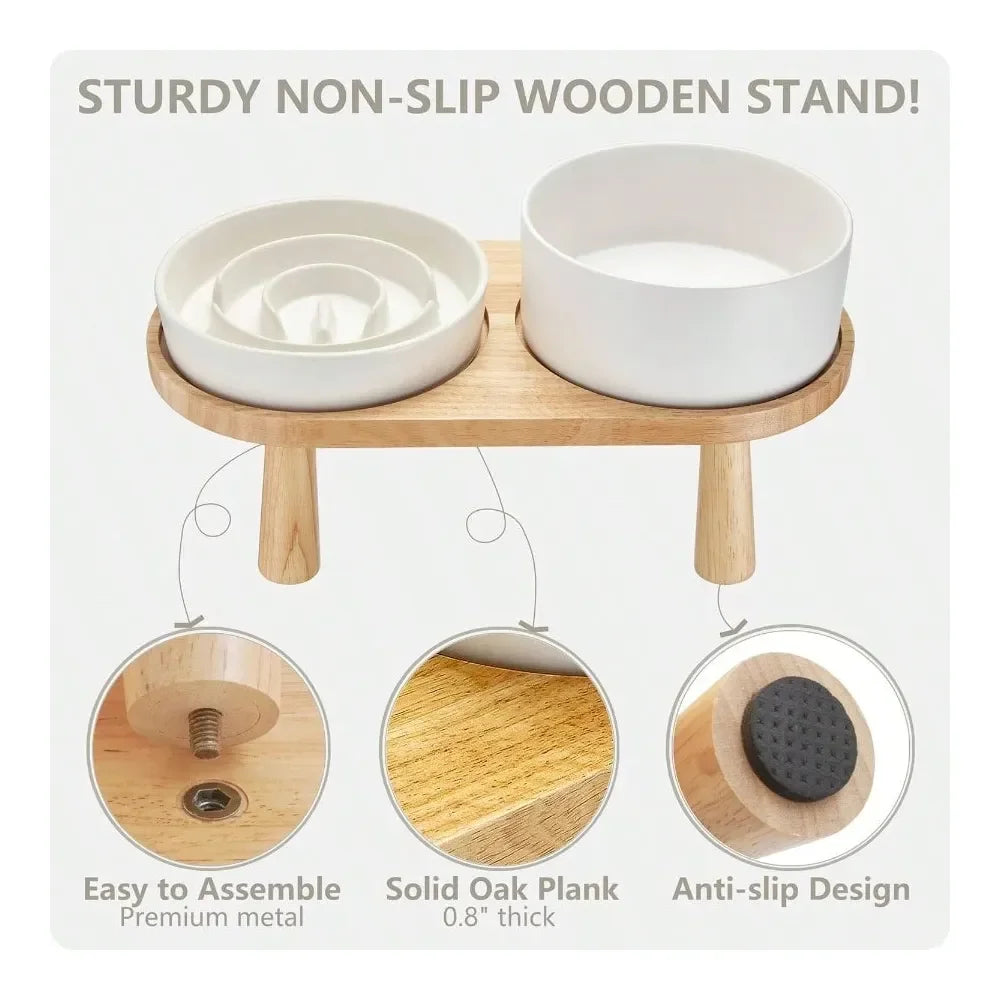 Dog Water Bowl Set With Slow Feeder And Wooden Stand