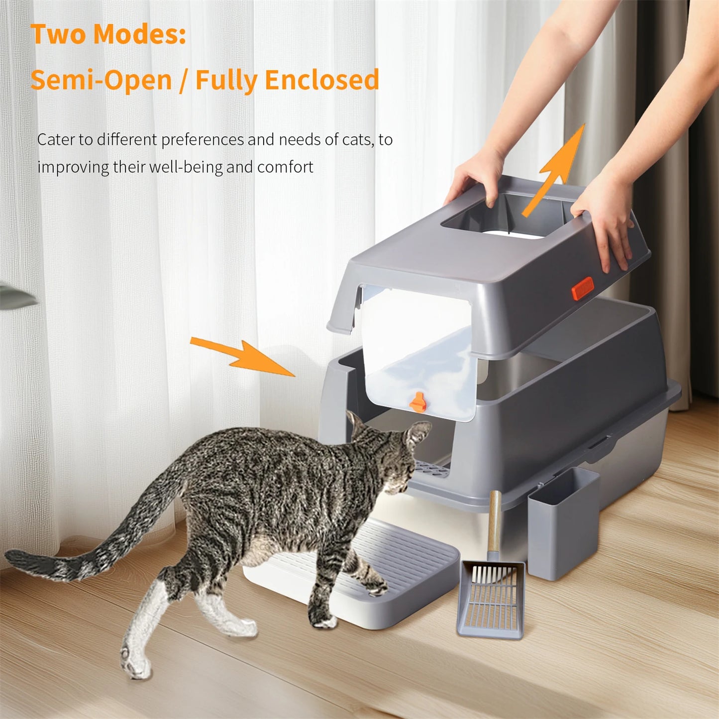 Enclosed Stainless Steel Cat Litter Box With Lid Odor Control