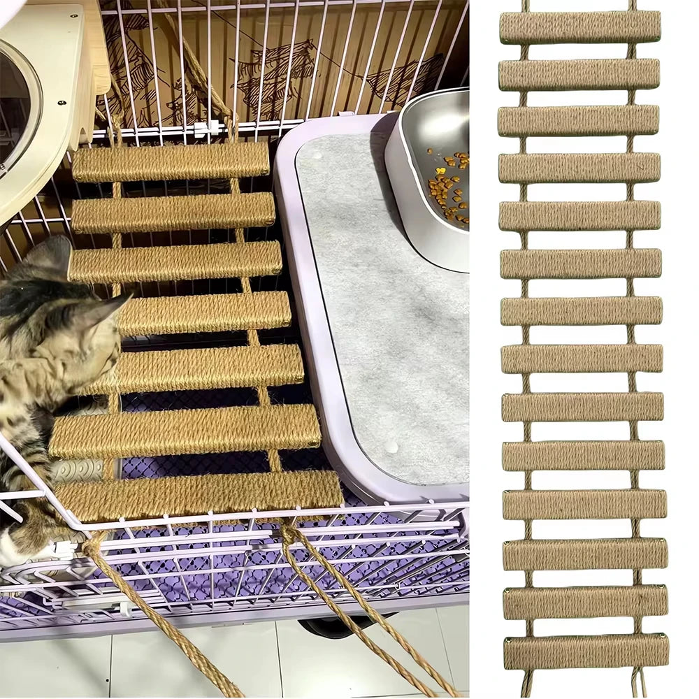 Wooden Sisal Cat Bridge Ladder Scratcher Platform And Toy Set